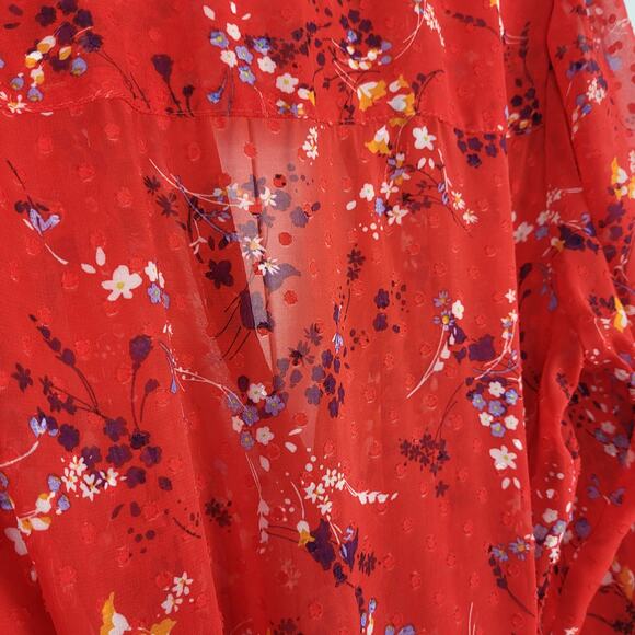 Nanette Lepore Pleated Floral Red Midi Dress Waist Tie | Medium 8 - Picture 10 of 10